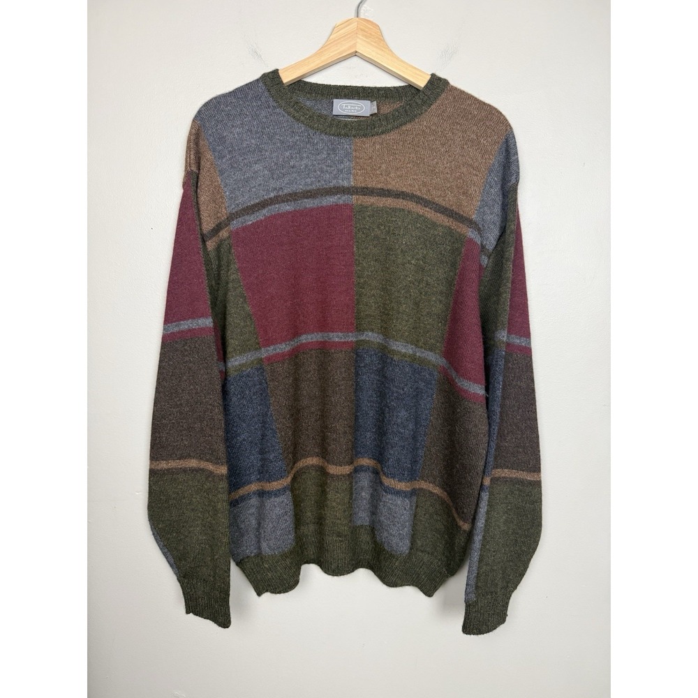 Talbots Mens XL 100% Alpaca Sweater Patchwork ColorBlock Earth‎ Tone Grunge 90s